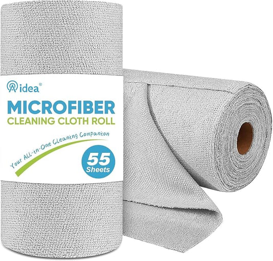 AIDEA Microfiber Cleaning Cloth Roll-55 Sheets, Microfiber Towels 11×9" | Reusable Paper Towels, Shop Towels Cleaning Rags for Automotive, Workshop, House, Kitchen, Car Cleaning Supplies, Grey