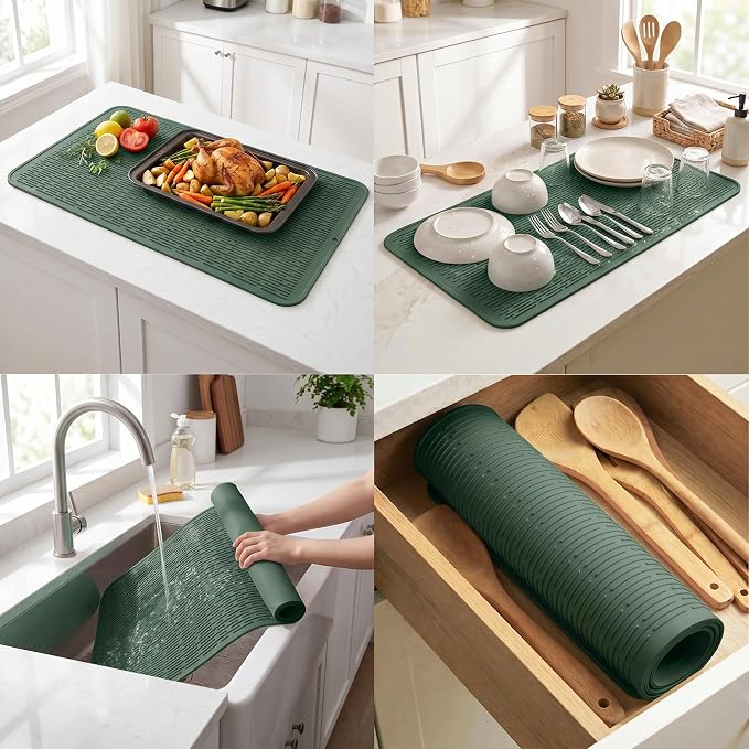 MicoYang Silicone Dish Drying Mat for Multiple Usage,Easy clean,Eco-friendly,Heat-resistant Silicone Mat for Kitchen Counter or Sink,Refrigerator or Drawer Liner Green 5XL 36inches x 18inches