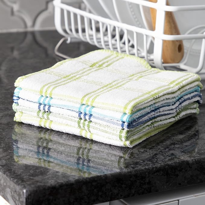 Ritz 100% Cotton 12-inch x 12-inch Kitchen Dish Towel, Gentle Cleaning Wash Cloth with Poly Scour Side, 5-Pack, Cool