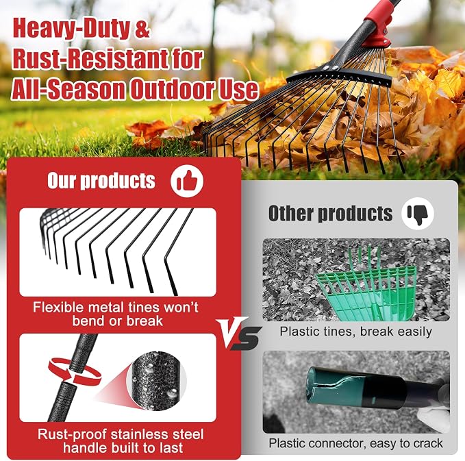 Garden Leaf Rakes for Leaves - 85" Adjustable Roof Cleaning Rake with Expandable Steel Head (8”-17”), Collapsible for Gardening Beds,Lawn,Shrub,Small Areas,Pine Needle& Camping Use
