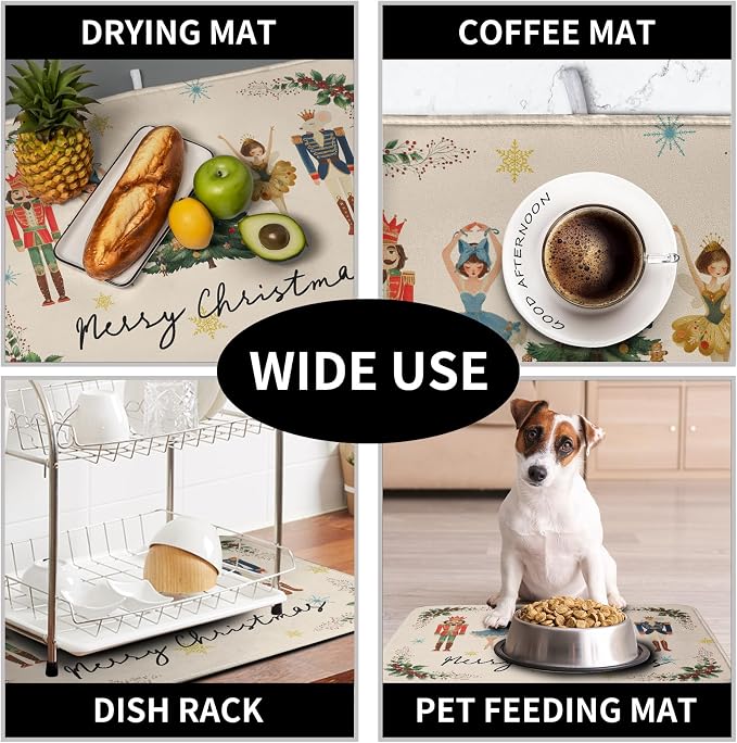 Merry Christmas Nutcracker Dish Drying Mat for Kitchen Counter 16x18 Inch Winter Xmas Tree Snowflakes Drying Mats Microfiber Absorbent Dish Drainer Washable Dish Rack Pad for Sink Coffee Bar