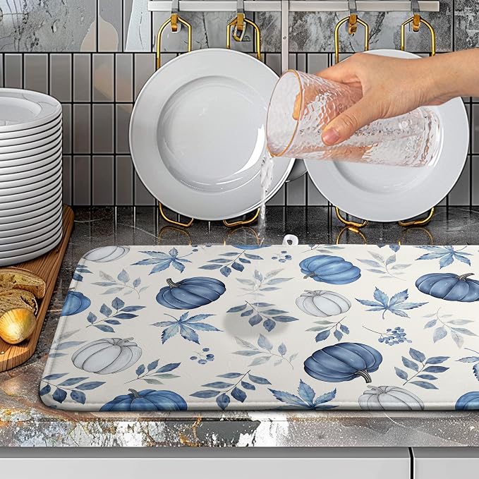 Fall Dish Drying Mat Blue Pumpkin Maple Leaves Drying Mats for Kitchen Counter 18x24 Inch Autumn Thanksgiving Absorbent Microfiber Dish Draining Mat Dishes Pad with Hanging Loop