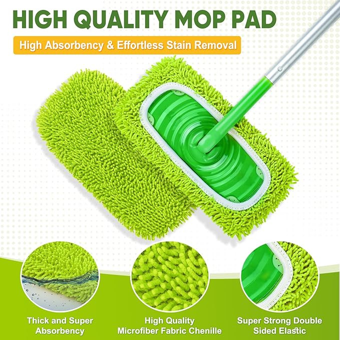 6-Pack Reusable Microfiber Mop Pads Compatible with Swiffer Sweeper, Dry & Wet Sweeping Cloths - Washable Wet Pads Refill for Multi-Surface/Hardwood Floor Cleaning -Fluorescent Green