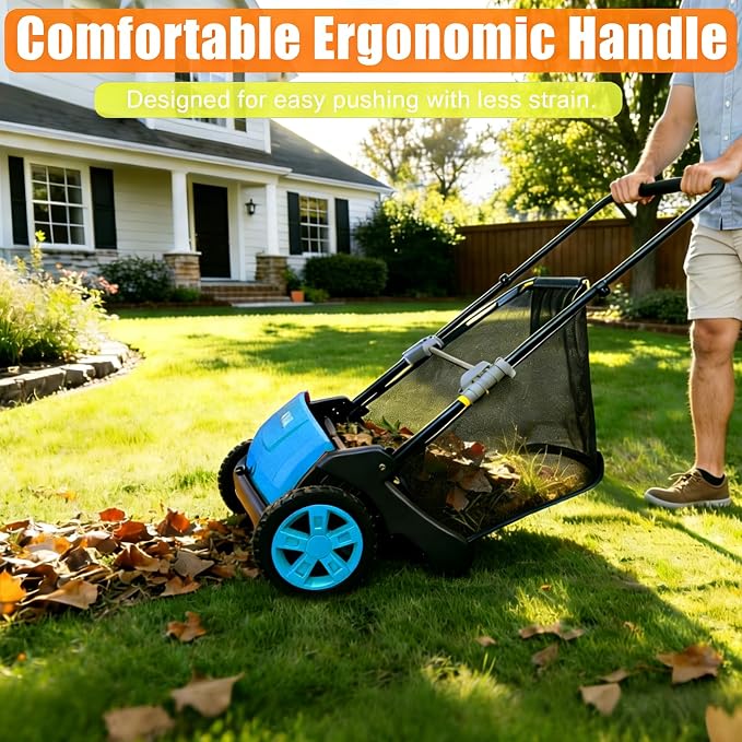 GarveeLife Manual Push Lawn Sweeper 21-Inch, Yard Leaf & Debris Collector with 3.5 Cu. Ft. Collection Bag, Adjustable Brush Height for Lawns & Driveways, Foldable Storage Design