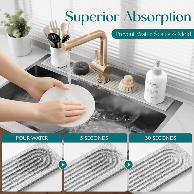 Stone Faucet Mat for Kitchen Sink, Food-Grade Diatomite Stone Drying Mat for Kitchen Counter, 2026 Upgraded Dishwasher-Safe & Ultra Absorbent, Stone Dish Matt for Bottles Utensils (30" x 3.9")
