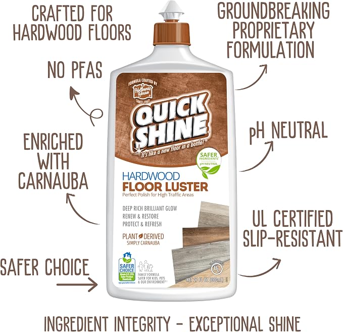 Quick Shine Hardwood Floor Cleaner & Wood Floor Polish w/Plant-Derived Carnauba 27oz Bottles,Removes Scratches,Safer Choice,A Clean That Can Be Seen,(Pack of 4)