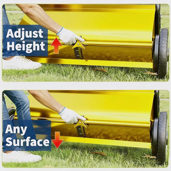 26-Inch Push Lawn Sweeper, Heavy Duty Stainless Steel Yard Sweeper with 4 Spinning Brushes, 7 Cu. ft. Large Capacity Hopper Bag, Adjustable Brush Height, Rubber Wheels for Leaves Grass Clippings