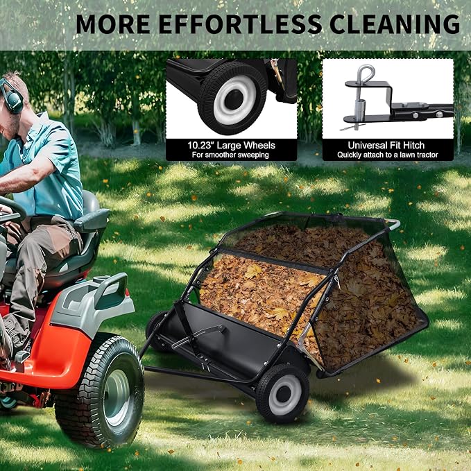 Grebest Tow Behind Lawn Sweeper for Tractors & Riding Mowers, 44" Wide, 25cu ft Large Capacity Leaf & Grass Sweeper with Adjustable Brush Height, Dump Rope, Rubber Wheels, Foldable Design