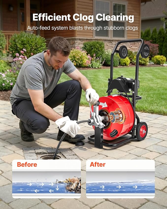 VEVOR Drain Cleaner Machine 100 FT x 3/4 Inch, Auto Feed Sewer Snake Auger, Portable Drain Cleaning Machine with Multi-Wheel Combination, 6 Cutters & Air-Activated Foot Switch for 4" to 8" Pipes