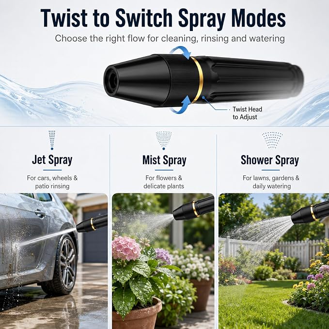 High Pressure Hose Nozzle, Black Alloy Core, 2 Pack | Adjustable high pressure water hose nozzle with jet, mist and shower spray for car washing, patio cleaning, lawn and plants