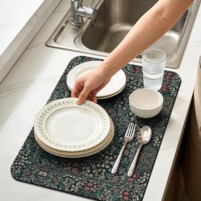Vintage Floral Dish Drying Mat 18x24 Inch, Dish Mat Drying Kitchen Mats for Extra Large Absorbent Countertop, Aesthetic Boho Drying Matt Kitchen Counter Washable Heat Resistant Dish Drainer Rack Mat