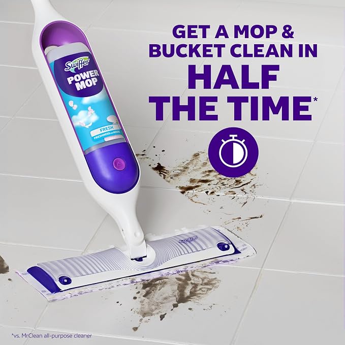 Swiffer PowerMop Mopping Kit for Floor Cleaning, Set Includes 1 Power Mop, 2 Replacement Pads, 1 Liquid Solution Refill, 2 Batteries, No Bucket Needed Electric Spray Cleaner, Multi-Surface and Wood