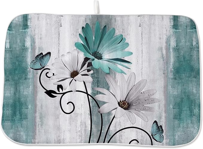 Floral Dish Drying Mat 18x24 Inches For Kitchen Counter Summer Spring Teal Blue Daisy Flower Kitchen Decoration Drying Mat Modern Decorative Drying Pad For Home Kitchen Decor,Dining Room,Office