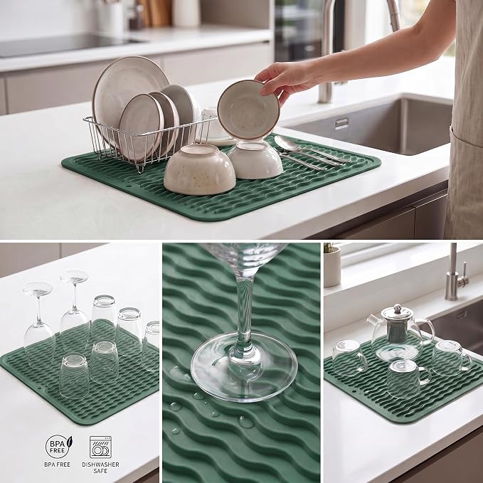 MicoYang Silicone Dish Drying Mat for Multiple Usage,Easy clean,Eco-friendly,Heat-resistant Silicone Mat for Kitchen Counter or Sink,Refrigerator or Drawer liner Green M 12 inches x 12 inches