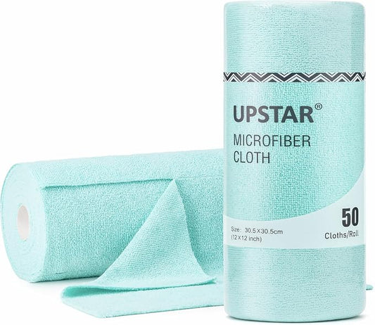UPSTAR Microfiber Cleaning Cloth, Reusable Paper Towels Rolls, 50 Packs 12x12 inch Cleaning Rags for Washing Dishes, Kitchen, Bathroom, Car, Blue