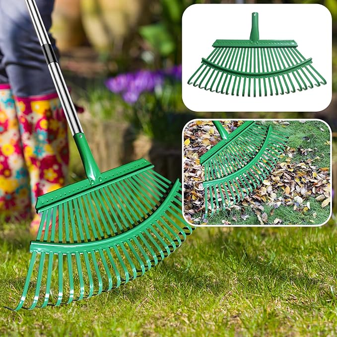Adjustable Metal Leaf Rake Set – 25 Tines, 38-73" Handle, 19" Wide with 2 Pack 32-Gallon Leaf Bags & Scoops – Heavy Duty Garden Rake for Lawns, Shrubs, Grass, Flower Beds & Outdoor Use