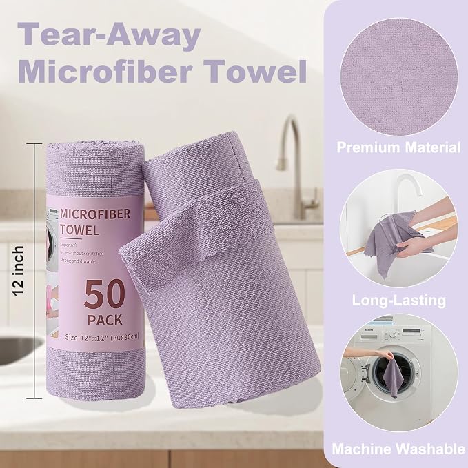 Jessy Home 2 Roll Reusable Paper Towels,100 Sheets Tear Away Microfiber Cleaning Cloth, Lint Free Cleaning Rags for Kitchen, Dishcloth,Household Cleaning Supplies