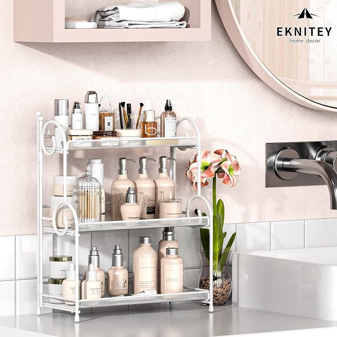 EKNITEY 3-Tier Bathroom Organizer - Sink Organizer Spice Rack(No Assembly) | for Bathroom Kitchen Bedroom Countertop Storage, Sturdy Metal Frame, Easy to Clean, Space-saving, Foldable, White