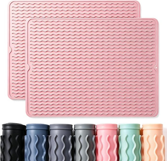 2 Pack Caketime Silicone Dish Drying Mat for Kitchen Counter Cooking Baking Liners Drawer Refrigerator Espresso Machine Station Utensil Holder Washer Trivets Oven Chef Gifts Extra Large 24"x18" Pink