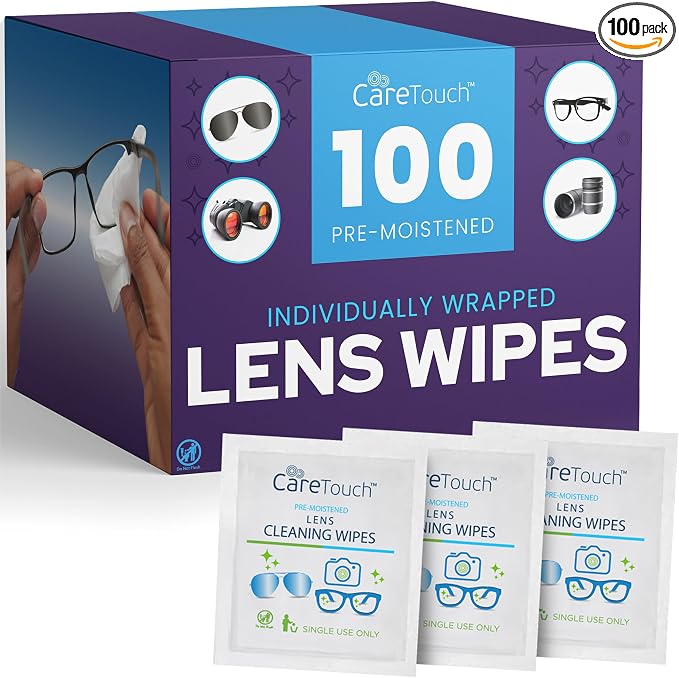 Care Touch Lens Wipes for Eyeglasses- 100 Count Individually Wrapped Pre- Moistened Wipes, 5 x 6 Inch- Camera Lens, Sunglasses and Glasses Cleaner,- Gentle and Portable for Cleaning of Optical Devices