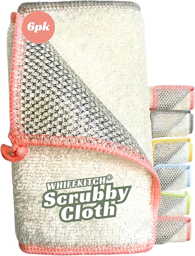Whiffkitch® Scrubby Cloth – 6-Pack, Dishcloths, Dishrags for Kitchen and Household Cleaning 6x7, 2-Sided, Non-Scratch, Bamboo-Rayon, Scrub Mesh, Quick Dry, Washable, Reusable