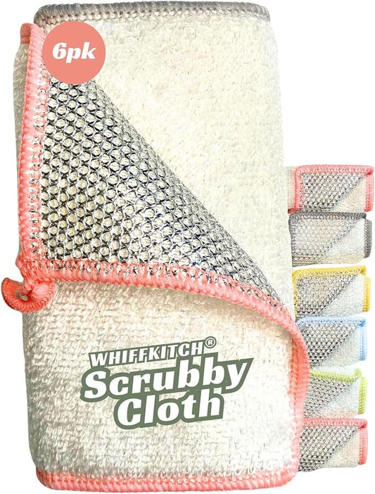 Whiffkitch® Scrubby Cloth – 6-Pack, Dishcloths, Dishrags for Kitchen and Household Cleaning 6x7, 2-Sided, Non-Scratch, Bamboo-Rayon, Scrub Mesh, Quick Dry, Washable, Reusable