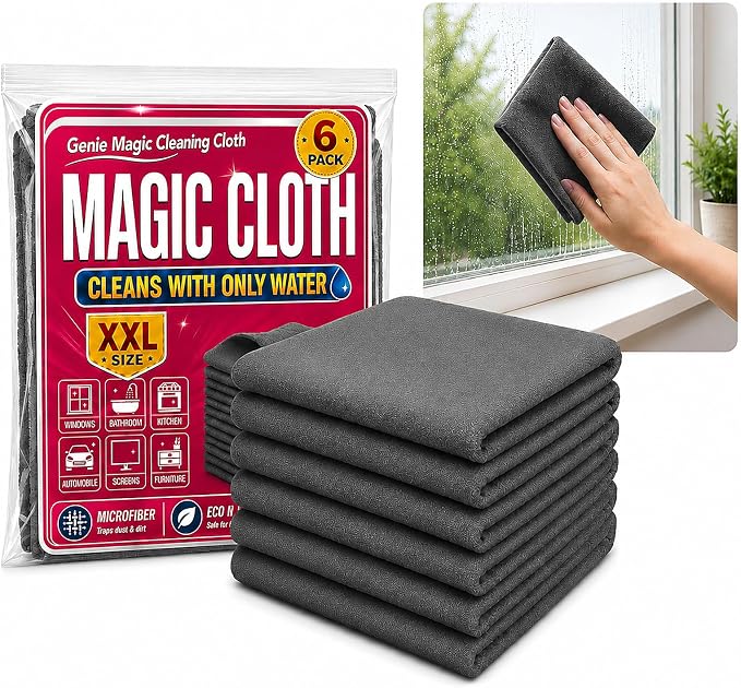 6Pcs XXL Genie Magic Cleaning Cloth, Microfiber Cleaning Cloths | Reusable, Lint-free and Streak-free Cloths for Mirrors, Windows, Kitchens, Bathrooms, Cars & Screens