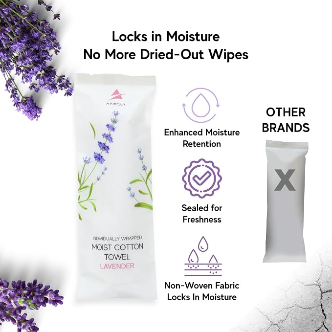 60 Hot or Cold Wrapped Moist Towels – 9'' x 9" Moist Towelettes Individually Wrapped Scented Disposable Face & Hand – Pre-Moistened Hand Wipes Soft Refreshing for Travel, Spa, Restaurant - Lavender
