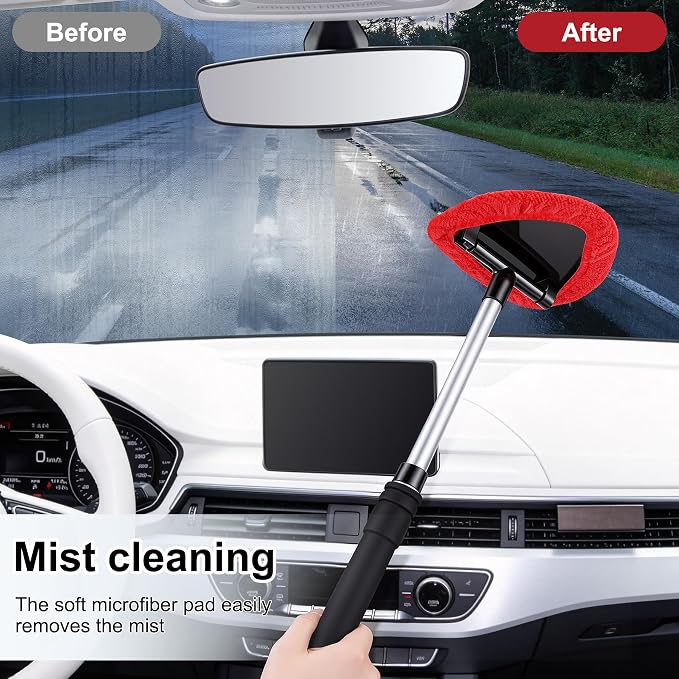 JUSTTOP Windshield Cleaner Tool, Car Interior and Exterior Window Cleaning Kit with Extendable Handle & 4 Reusable Microfiber Pads, Auto Glass Wiper Brush Kit for Car & Home Windows (Red)