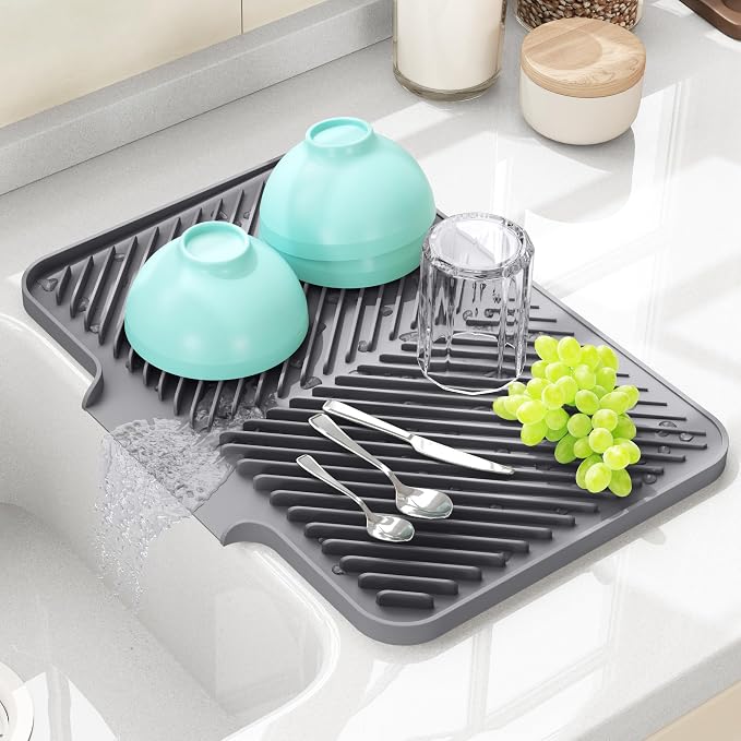 Dish Drying Mat Kitchen Counter - Silicone Dish Drying Pad with Built-in Drain for Sink, Refrigerator and Drawer Liner, Easy Clean, Non-Slip, Heat Resistant, 14.8" x 10.7"