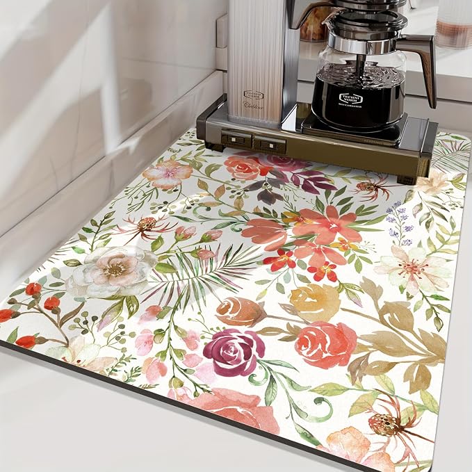 LOKHOM Dish Drying Mat for Kitchen Counter, 18"x24" Absorbent Coffee Bar Mat with Pink Roses Petals, Dish Drainer Rack Mat for Kitchen Counter and Dining Room Decoration