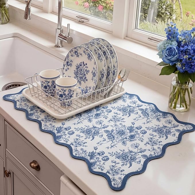Scalloped Chinoiserie Blue Floral Dish Drying Mat 12"x20" Absorbent Coffee Mat Cuttable Hide Stain Non-slip Drying for Kitchen Counter Coffee Maker Espresso Machine