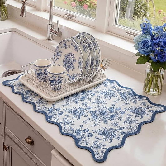 Scalloped Chinoiserie Blue Floral Dish Drying Mat 12"x20" Absorbent Coffee Mat Cuttable Hide Stain Non-slip Drying for Kitchen Counter Coffee Maker Espresso Machine
