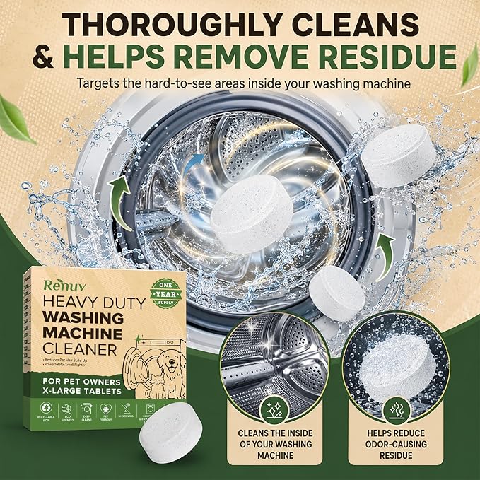 Renuv® Heavy Duty Washing Machine Cleaner For Pet Owners, 12 XL Tablets | For Dog & Cat Hair, Removes Stink, Odor, Residue, Grime, Front Load or Top Load Washer, HE and Septic Safe, 1 Year Supply