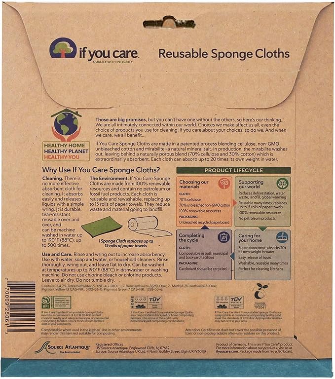 If You Care Sponge Cloths – 5 Count – 100% Natural Cleaning Rags for Kitchen, Bathroom, Home Countertop Surfaces – Absorbent, Reusable, Machine Washable, Compostable (Pack of 3)
