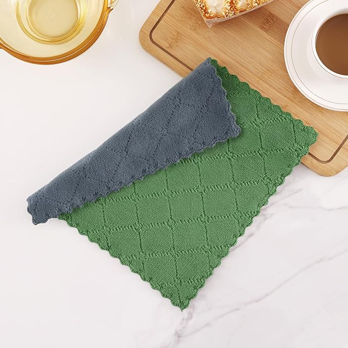 Homaxy 12 Pack Kitchen Cloths Dish Towels (10" x 10", Dark Grey & Grass Green), Super Soft and Absorbent Dish Cloths, Coral Velvet Microfiber Cleaning Cloth, Nonstick Oil Fast Dry Dishcloths
