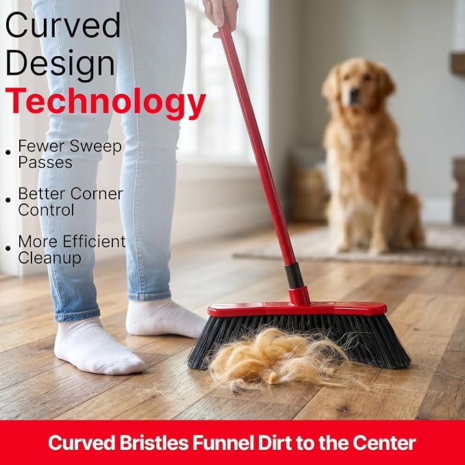 with Dustpan Combo Set, 16-Inch Curved Head, Pack of 2 | 52" adjustable telescopic handle, soft PVC bristles, indoor outdoor kitchen sweep, clears pet hair, dust, debris