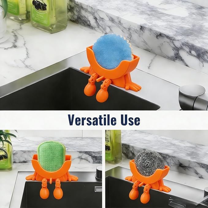 Cute Hanging Sponge Holder with Drainage,3D Printed Kitchen Funny Sponge Stand for Sink,with non-slip pads,Suitable for Scrub Daddy Holder,Keeps Your Sponge Dry Smiling (Orange)
