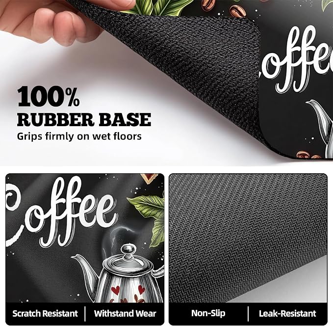 Dish Drying Mat Large Coffee Mat Absorbent Drying Mat for Kitchen Counter Coffee Bar Accessories 32"x 17", Coffee Leaves