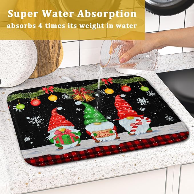 Merry Christmas Dish Drying Mat Black Gnomes Dish Drainer Mats 16x18 Inch Holiday Decorative Absorbent Dishes Pad for Kitchen Counter Sink