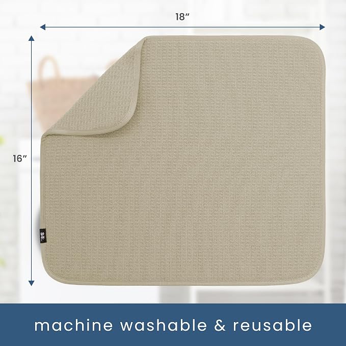 S&T INC. Dish Drying Mat, 2 Pack, 16" x 18", Large, Beige | Absorbent Microfiber, 2PK Kitchen Counter Mat for Dishes, Utensils, Pots and Pans, Machine Washable