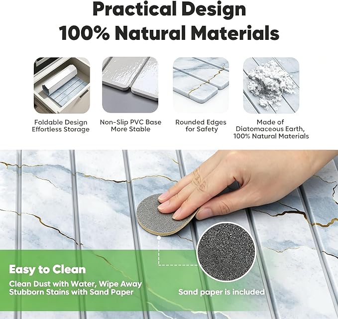 Stone Drying Mat for Kitchen Counter, Quick Diatomaceous Earth Mats for Dishes, 24"L x 16" W Super Absorbent Fast-Drying Collapsible Countertop Stone Mat (Marble White-09, 24" x 16")
