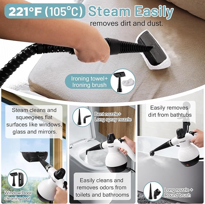 Handheld Steam Cleaner, 221°F Steamer with 10 Accessories | Heats in 3 Mins Safety Lock For Oven, Slate Tile,Upholstery Furniture, Windows Kitchen&Bathroom