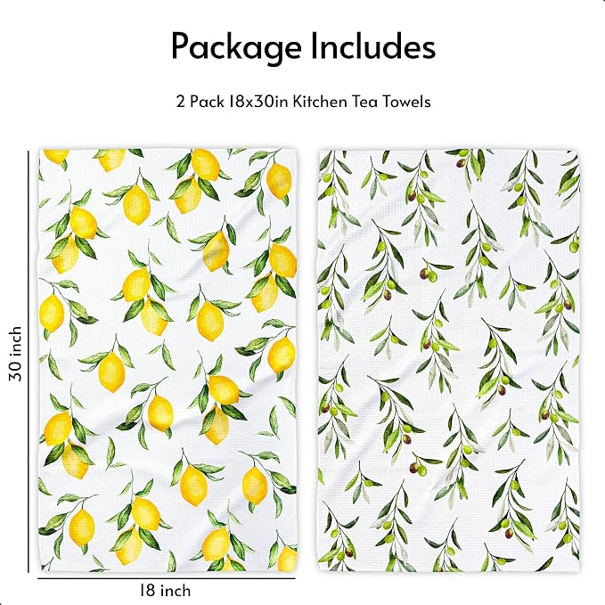 Eulnars Kitchen Towels, Premium Dish Towels for Kitchen Drying, 18" x 30" Microfiber Kitchen Towel Set, Quick Dry Tea Towels, Watercolor Lemon Series, 2-Pack
