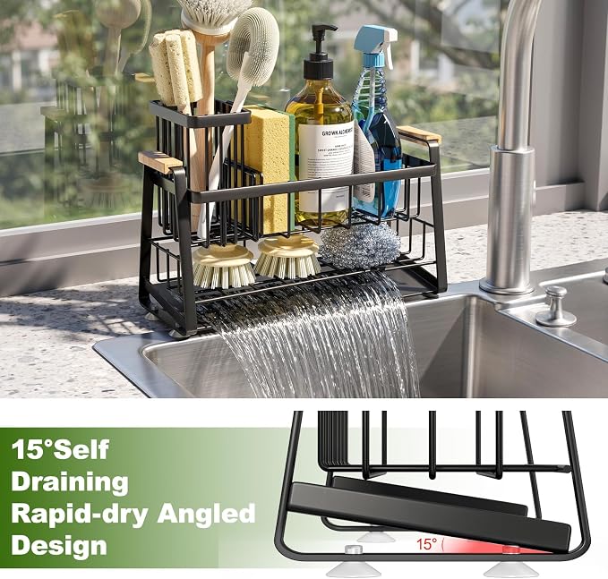 Housolution Sink Caddy Organizer, 2-Tier Sponge Holder for Kitchen Sink with Flexible High Brush Holder, Kitchen Countertop Storage Accessories, Soap Dispenser Organizer, Rustproof