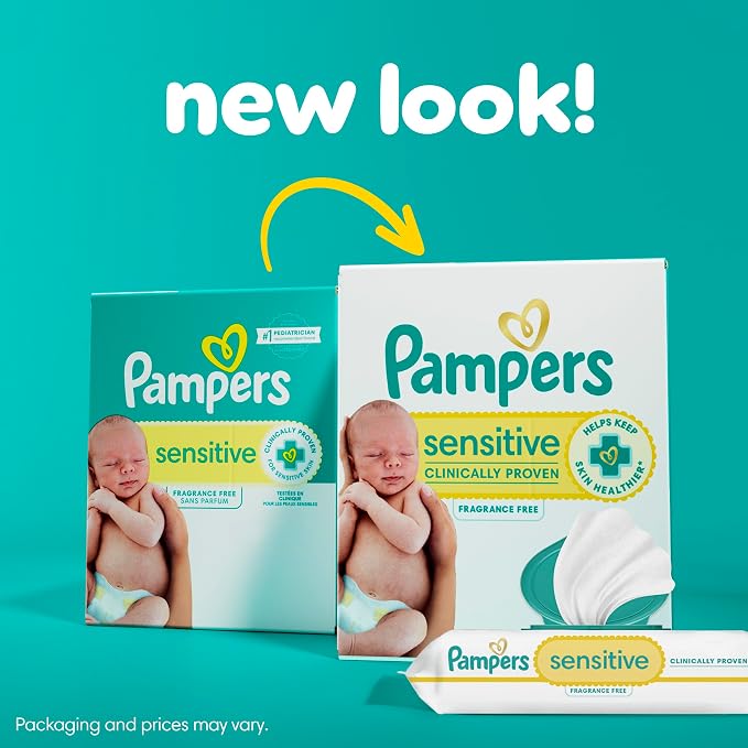 Pampers Sensitive Baby Wipes, Clinically Proven, Fragrance Free, Unscented, Water Based, Hypoallergenic, Multi-Use, Hand Wipes 168 Wipes Total (2X Flip-Top Packs) [Packaging May Vary]