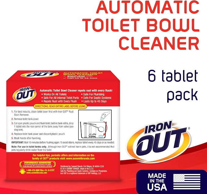 Iron OUT Automatic Toilet Bowl Cleaner Tablets, Helps Remove and Prevent Rust Stains with Every Flush, Lasts up to 45 Days, Made in the USA, 6 Tablets