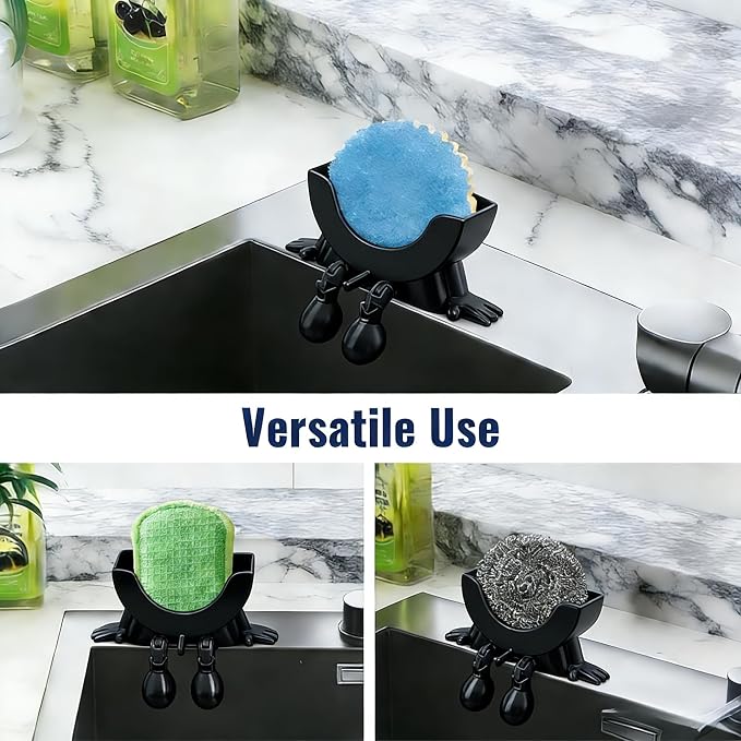 Cute Hanging Sponge Holder with Drainage,3D Printed Kitchen Funny Sponge Stand for Sink,with non-slip pads,Suitable for Scrub Daddy Holder,Keeps Your Sponge Dry Smiling (Black)