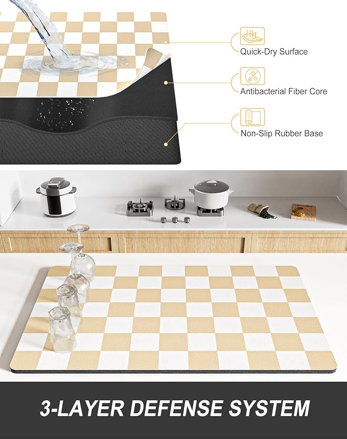 Rnivvi Dish Drying Mat for Kitchen Counter, XL 15 x 24" Cute Checkered Absorbent Draining Pad, Non-Slip Heat Resistant Coffee Bar Mat for Coffee Machine Station Accessories, Beige White Dish Rack Pad