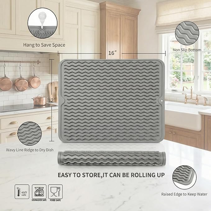 MicoYang Silicone Dish Drying Mat, Grey, 16"×12" | Quick-Dry Ridges, Heat-Resistant Trivet to 450°F, Non-Slip & Dishwasher Safe, Roll-Up Storage, 18 Colors & 9 Sizes Available